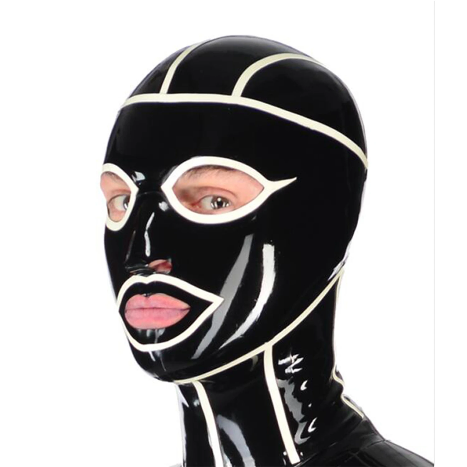 

hot sexy exotic lingerie handmade geometrical spliced black latex hoods with white trim back zipper cekc zentai fetish costumes