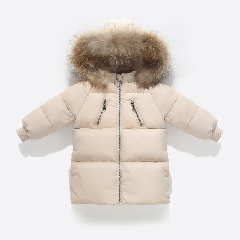 Модное зимнее теплое Детское пальто с меховым воротником на утином пуху детская верхняя одежда куртки для маленьких мальчиков и девочек на рост 75-130 см - Цвет: Бежевый