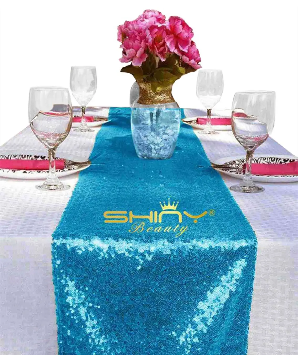  Sequin Table Runner Turquoise Pack of 5 Table Cover Party Decorations 13x84-Inch Table Runners-M101