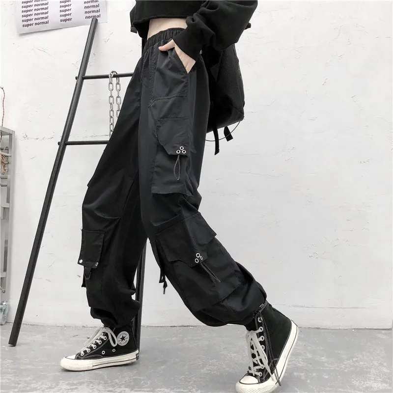 

HOUZHOU 2020 Cargo Pants Women Korean Style Wide Leg Pants Black Trousers Women Gothic High Waist Pants for Women Joggers Mujer
