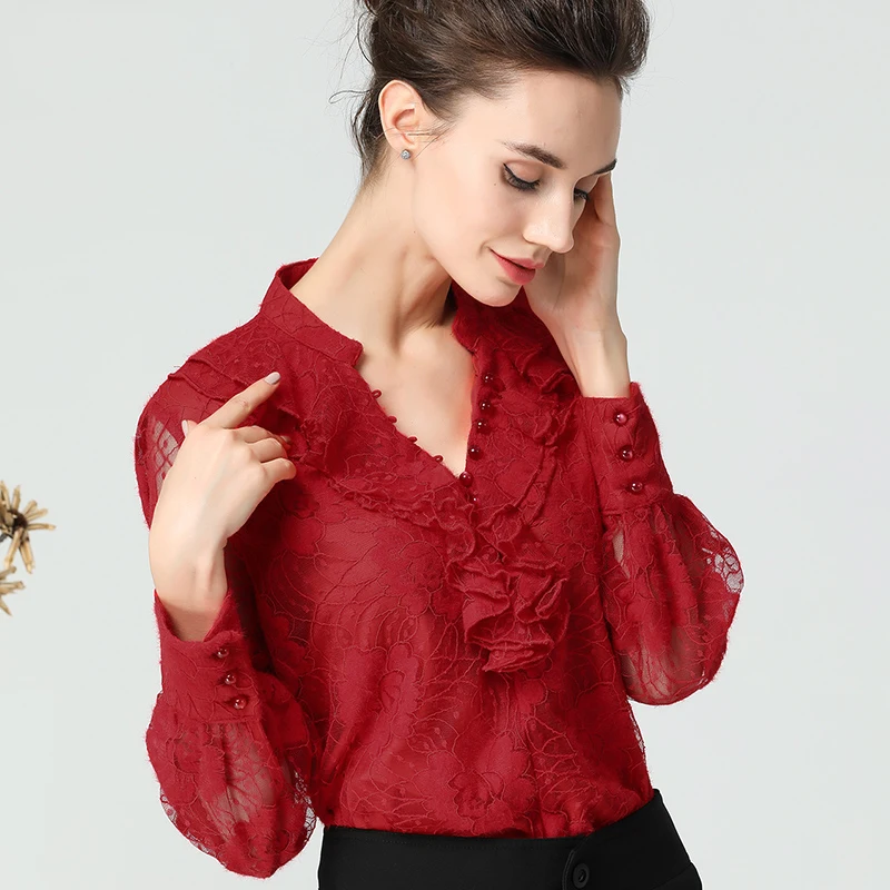 

3D Ruffles Lace Blouse Womens Sexy Hollow Transparent See Shirt Tops Long Sleeve V-Neck Plus Size Loose-Fitting Summer Blouses