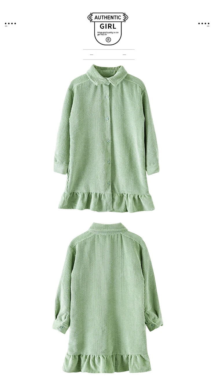 Весенне-осенние зеленые платья для девочек рубашка для отдыха рубашки с длинными рукавами для девочек платье сплошного цвета принцесса детская одежда с отворотами