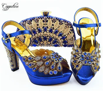 

Wonderful royal blue African sandal shoes with evening handbag sets for fashion lady QSL008, heel height 11.5cm