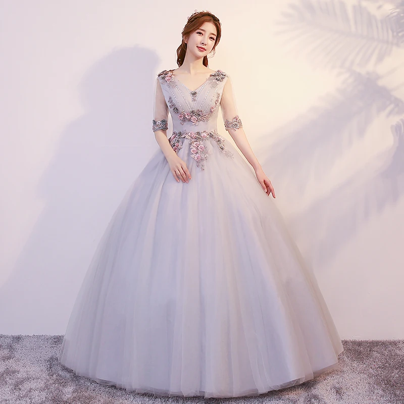 Новая коллекция пышных платьев 15 лет Vestidos De 15 Anos светло-серые Бальные платья полупрозрачные платья с длинными рукавами на заказ