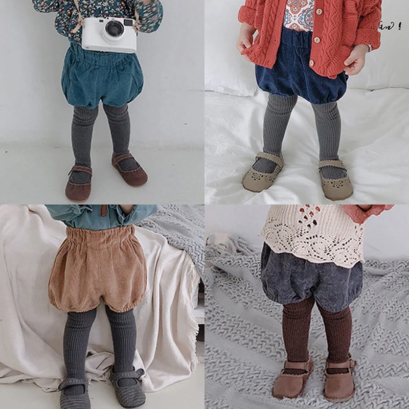Осень-зима, вельветовые плотные теплые свободные эластичные штаны для маленьких девочек, однотонные шорты со средней талией