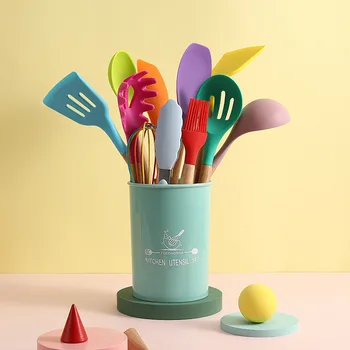 

12-Piece Colorful Silicone Kitchenware Set Non-Stick Pan Cooking Spatula Spoon Wooden Handle Box High Temperature Resistance