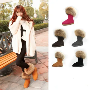 

2019 100% Cowhide Leather + 100% Raccoon Fur Boot Woman snow boots winter shoes leather boots