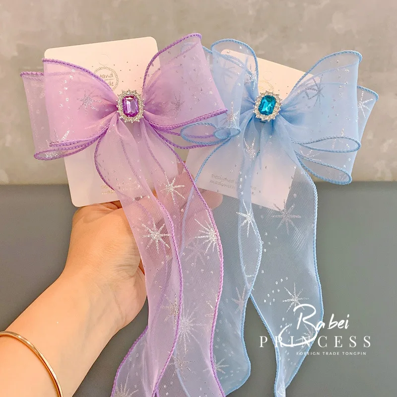 

12 шт./лот, заколки для волос со стразами для девочек, сетчатый бант со снежинками и длинными кисточками, заколки для волос для принцессы, подарок