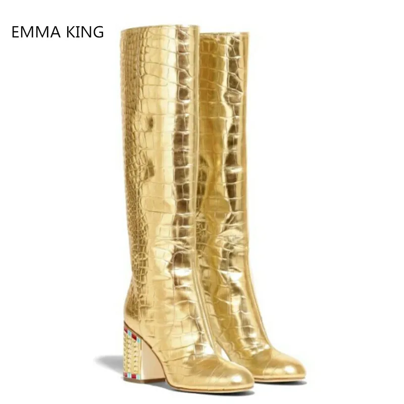 

Shiny Gold Crocodile Pattern Round Toe Leather Long Boots Women 2019 Winter Luxury Diamond Chunky High Heels Runaway Shoes Woman