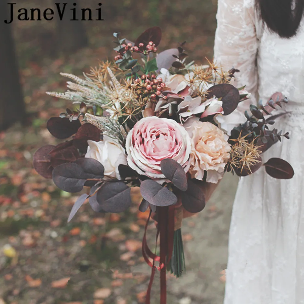 

JaneVini Vintage Wedding Bouquets Artificial Bridal Chocolate Silk Roses European Bride Holding Flowers Bouquet Ramo De Boda New