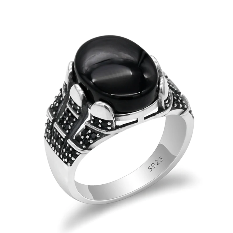 Black Stone Турецкое черное кольцо 925 пробы серебро большой натуральный камень оникс мужское кольцо винтажное тайское серебряное стильное для мужчин и женщин ювелирное изделие - Цвет основного камня: Black Stone