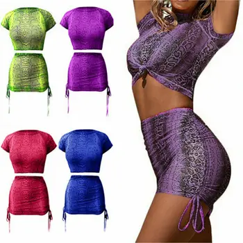

New Women 2 Piece Bodycon Two Piece Crop Top and Skirt Set Snakeskin Lace Up Mini Dress Party Club Women's Sets
