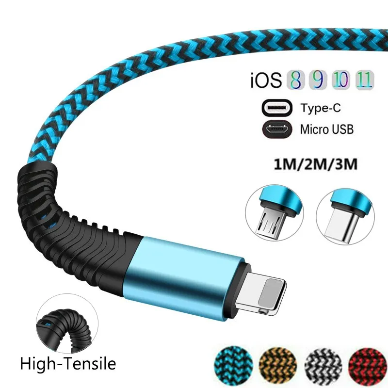 1-3 м плетеный кабель для быстрой зарядки IOS Micro USB Type C Samsung Galaxy S8 S9 S10 Plus 10 + HUAWEI P30 |