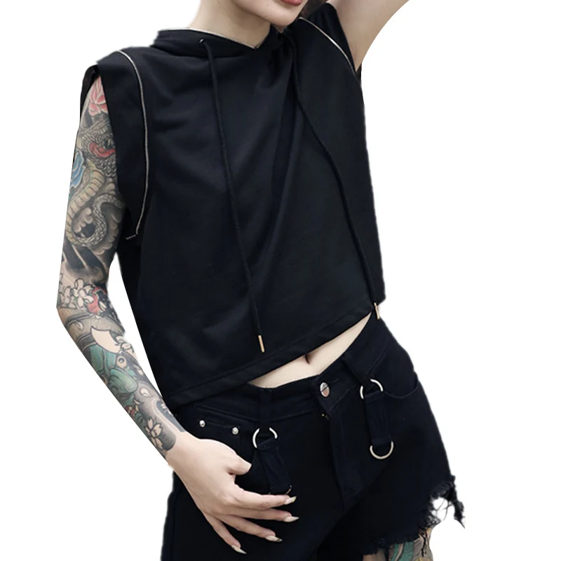 

Gothic Sleeveless Vest Women Pullover Hoodie Split Loose Black Hooded Sweatshirt Goth Casual Female Korean Harajuku Clothing