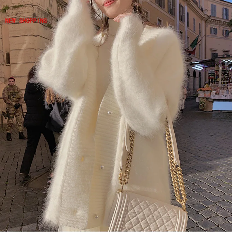 White Mohair Sweaters Chic Cardigan 