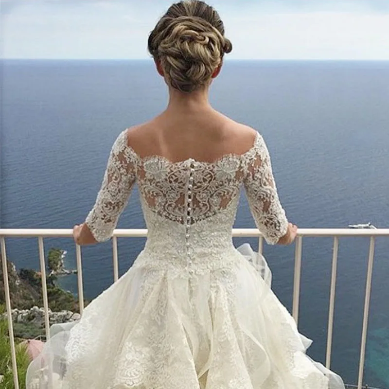 White-Ivory-Wedding-Dress-Vestido-De-Noiva-Half-Sleeve-Romantic-Elegant-Lace-Pleat-Country-Garden-Bridal (1)