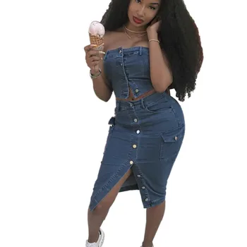 

Women Crop Top And Bodycon Midi Skirt Denim 2 Piece Set 2019 Summer Sexy Sleeveless Single-breasted Solid Suit