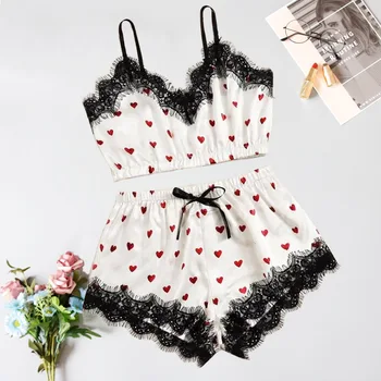 

2020 New Women Pajama Set Lace Satin Sleepwear Sleeveless Heart Print Sleeveless Strap Crap Tops+Shorts 2pcs Lingerie Set