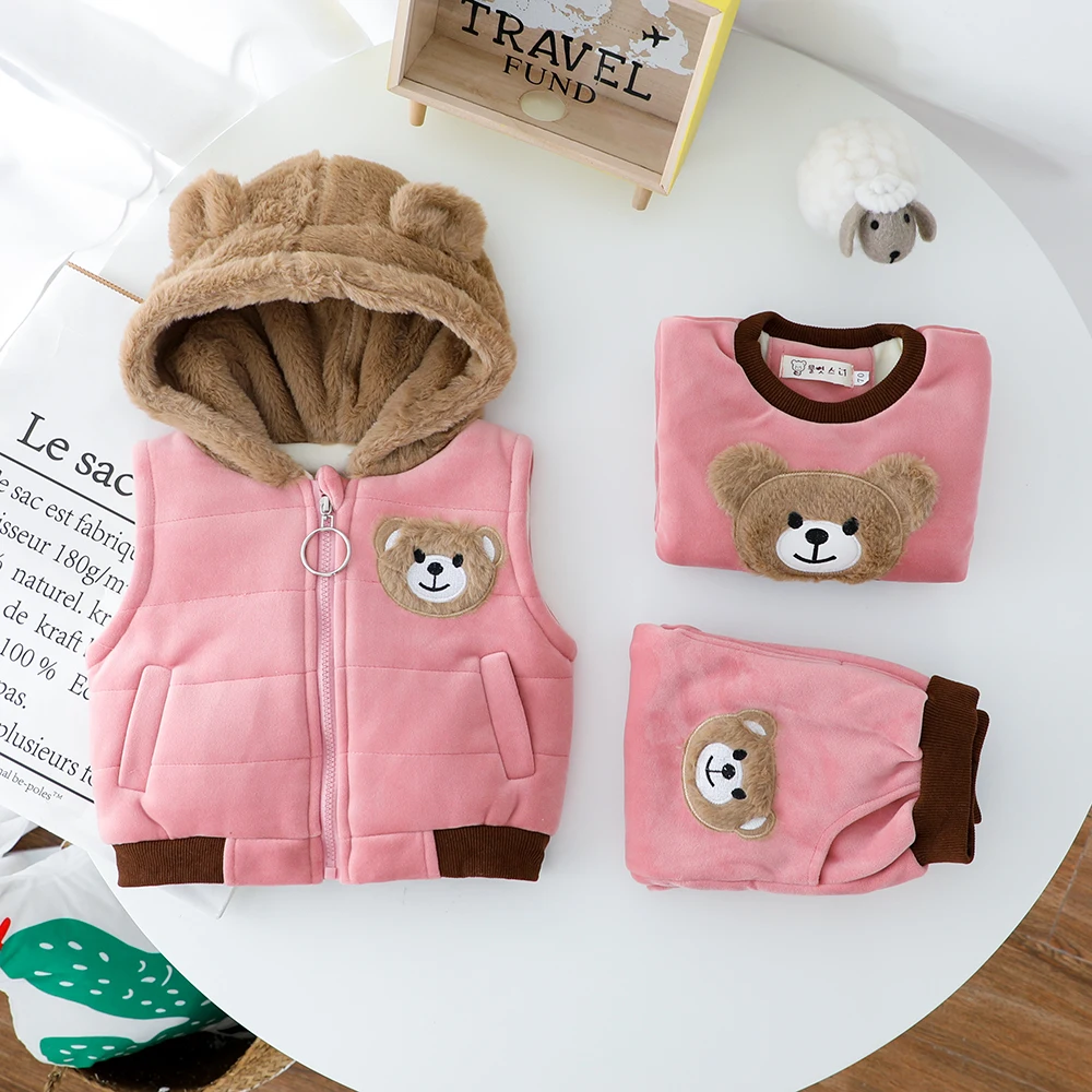Комплект с жилетом с капюшоном для мальчиков и девочек, пальто для маленьких девочек и мальчиков, теплая одежда с капюшоном и рисунком медведя из мультфильма для детей 1, 2, 3, 4 лет