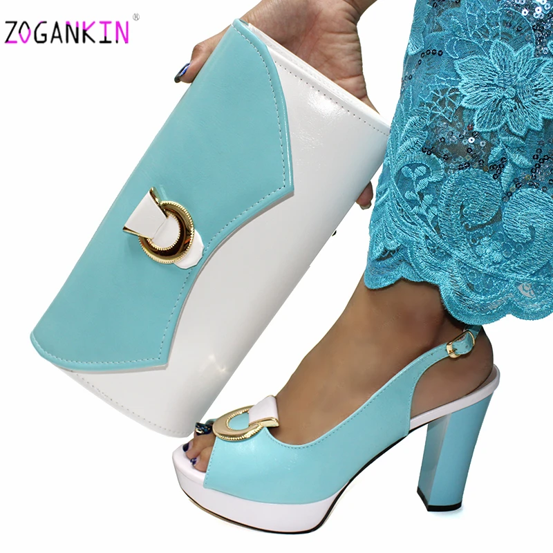 Private Secretary Super High Heels Sexy African Women Shoes and Bag Set for Office in Sky Blue with White Color For Wedding | Обувь