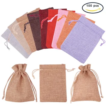 

100 Pcs Burlap Packing Pouches Drawstring Bags Candy Bags Wedding Favor Storage