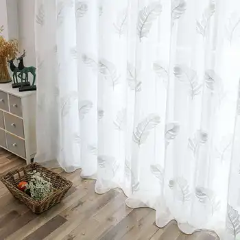 

White Embroidered Feather Window Curtain Voile Sheer Fabric Balcony Living Room Home
