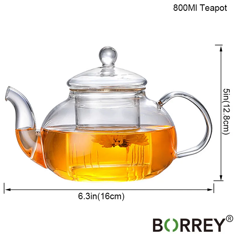 800Ml Teapot BORREY термостойкий стеклянный чайник с двойными стенками Стеклянная чайная чашка прозрачный чайник для заваривания чая Infuser Qolong чайный чайник с разными вкусами - Цвет: 800Ml Teapot