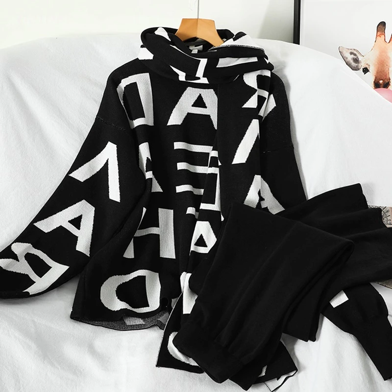 

Autumn And Winter Women Knited Letter Sweater + Pants+Cape Long Scarf 3PCS Suit Knit Pullovers Cappa Wraps Wide Leg Trousers Set