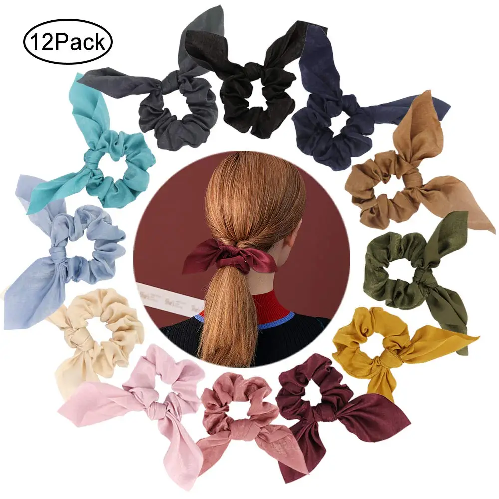 

12 Pcs Scrunchies for Hair Fashion Hair Ties Soft Silk Satin Scrunchies for Hair Cute Bunny Ear Scrunchies Ponytail Hair Holder