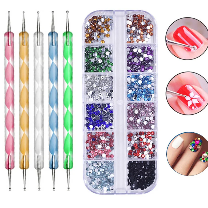 

12 Colors Nail Art Flake Glitter 3D Sequins 5 Point Drill Pen Nail Art Decoration Set Multicolor Acrylic Crystals DIY Nail Art