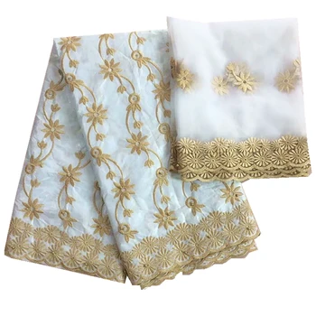 

Esewing White Color african lace fabrics Fashion embroidery bazin riche getzner with beads nigerian bazin lace fabric 7yards