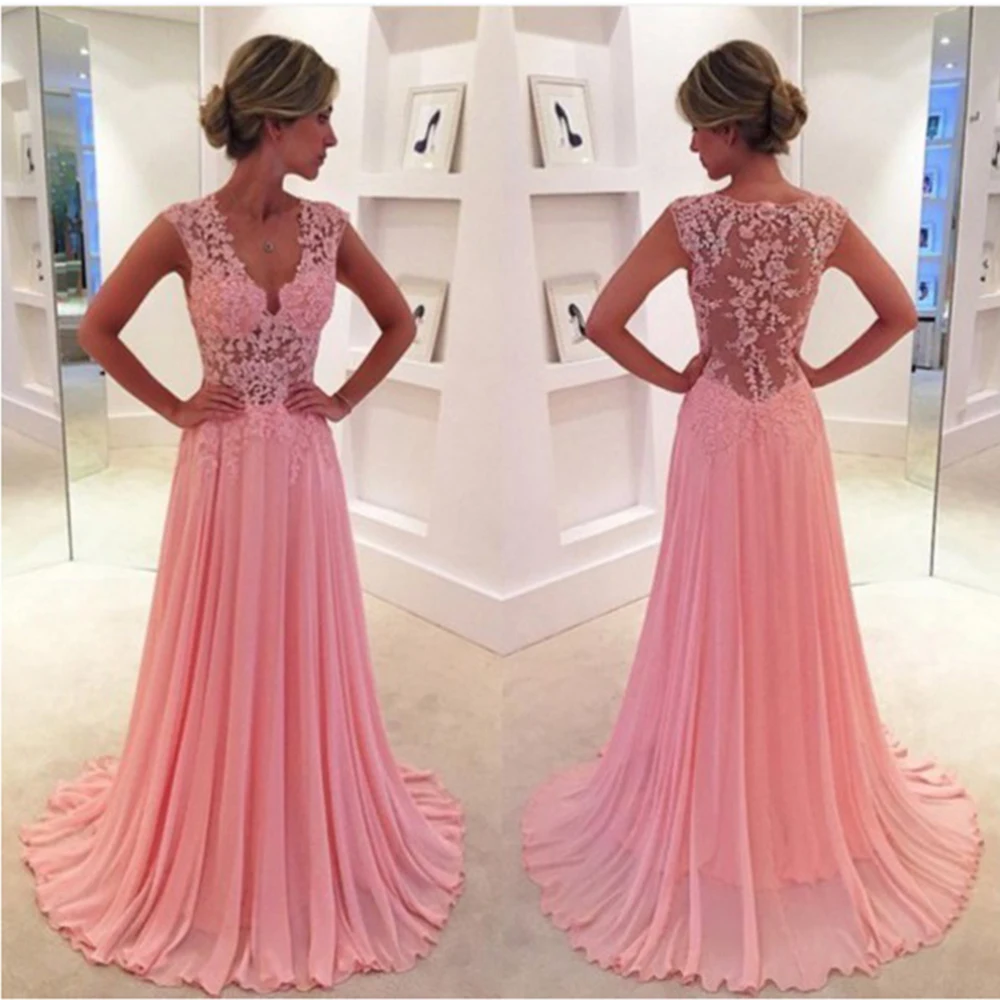 Coral Pink Lace Prom Dresses 2019 Long 