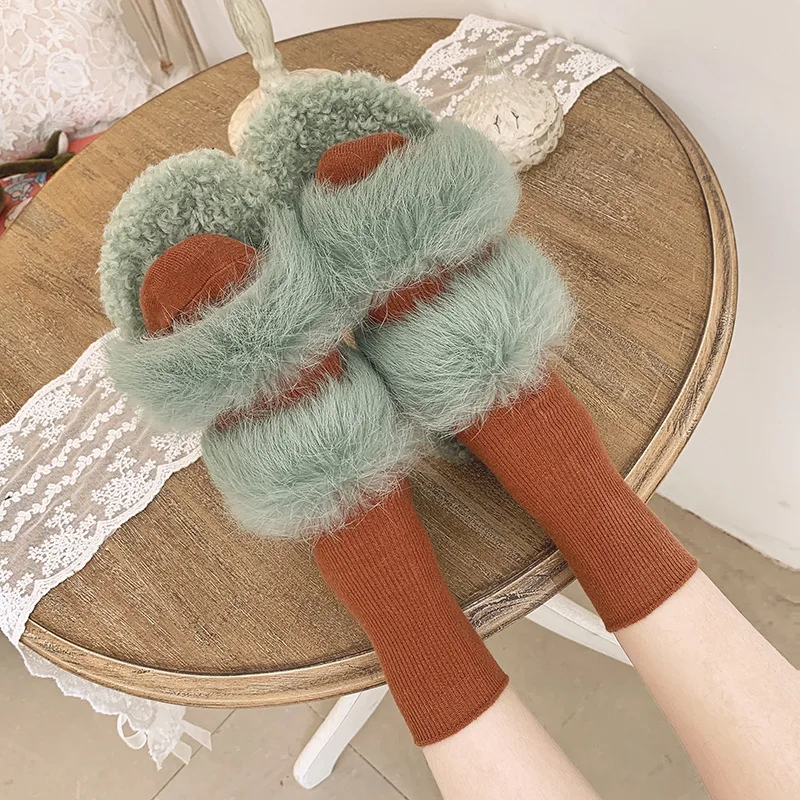 

Plush Slipper Women's Outer Wear 2019 New Style Autumn And Winter Versitile Fashion Rabbit Fur Cross Flat Online Celebrity Lazy