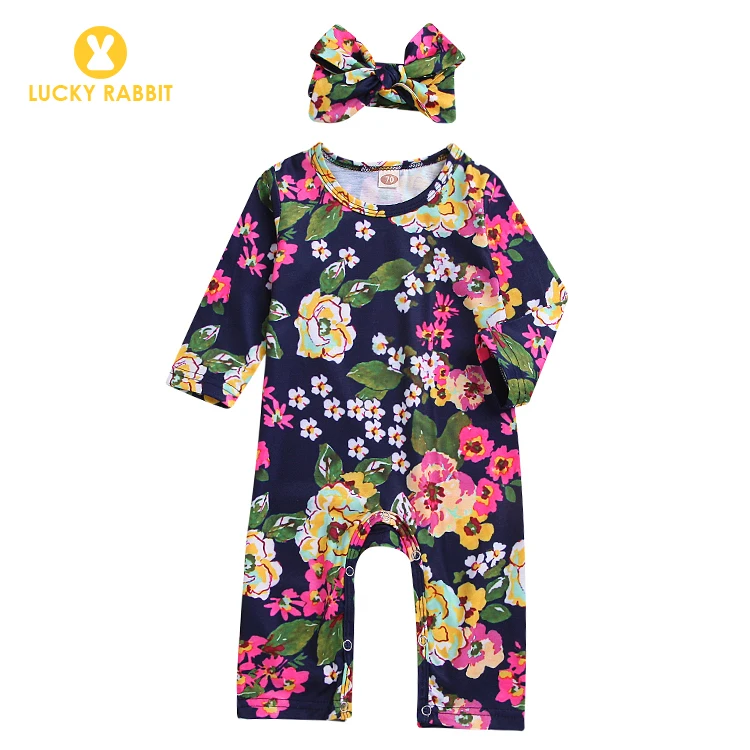 Дизайнерская одежда с длинными рукавами для новорожденных девочек; комбинезон; повязка на голову с цветочным узором; комбинезон для новорожденных - Цвет: OM0017