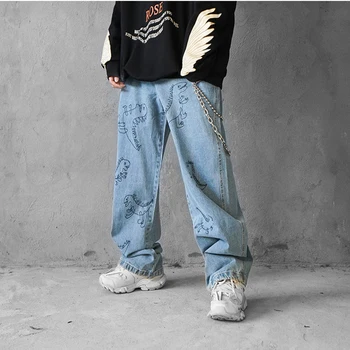 

Dinosaur Letter Print Mens Jeans Pants Hip Hop Calça Masculina Washed Ripped Jeans for Men Straight High Street Denim Pants