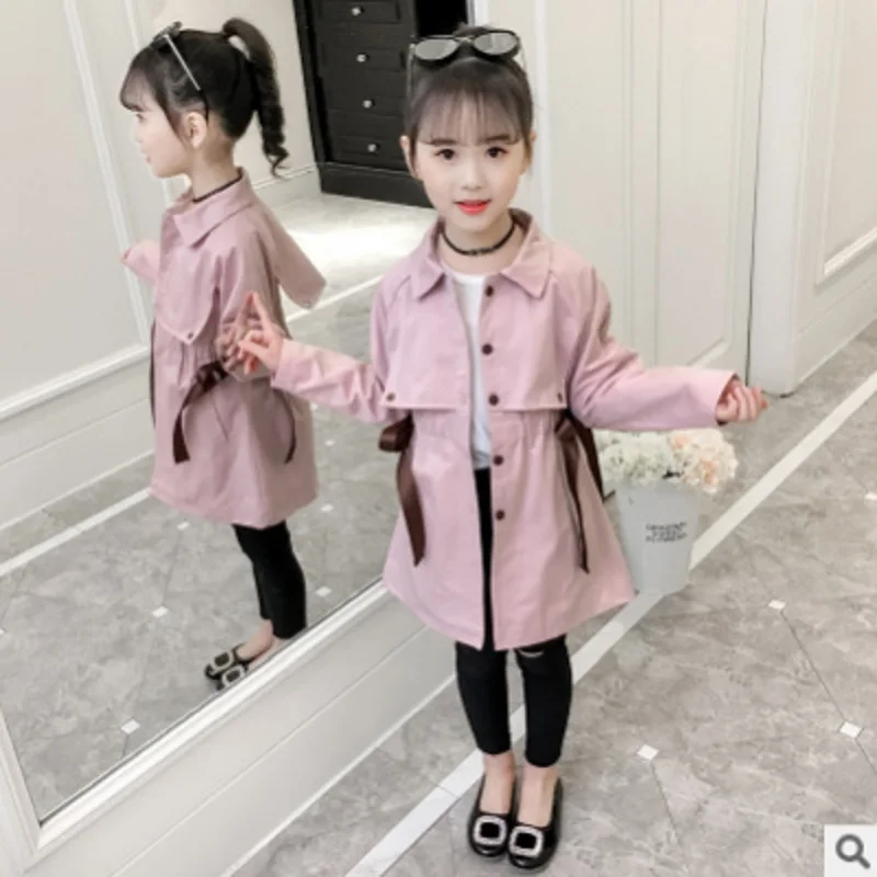 

Girls Bow Trench Coat 2019 New Spring/Autumn Children's 2 Solid Colors Windbreaker Single-breasted Size110-160 Kids4-14 ly243