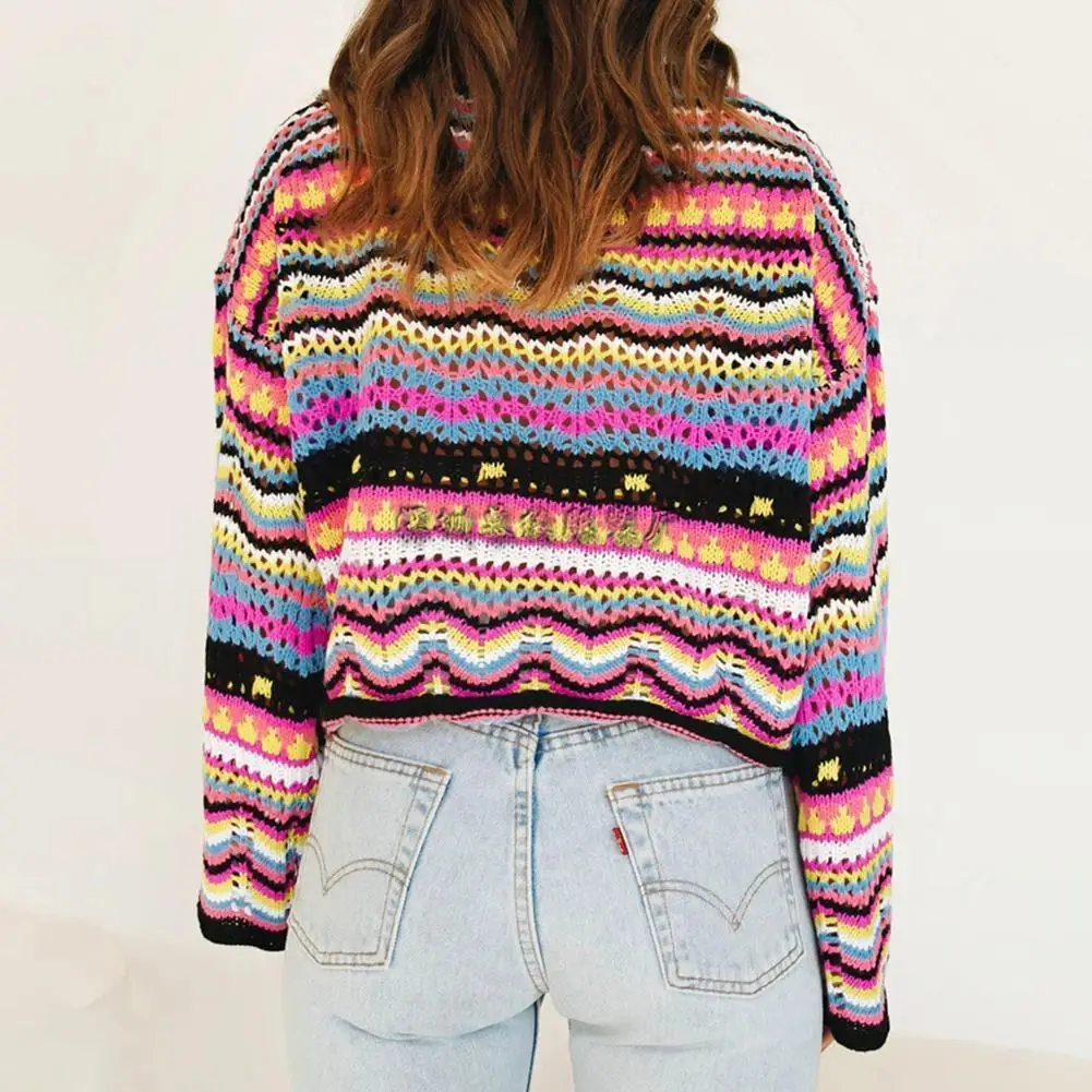 New Women's Punk Gothic Striped Long Sleeve Loose Patchwork Sweater Hip Hop Retro Short Pullover Casual Knit Pullover 2