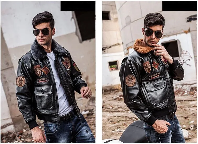 Коричневый Мужской USAF пилот кожаная куртка с шерстяным воротником европейский размер XXL натуральная Толстая воловья кожа зимнее милитари Авиатор кожаное пальто