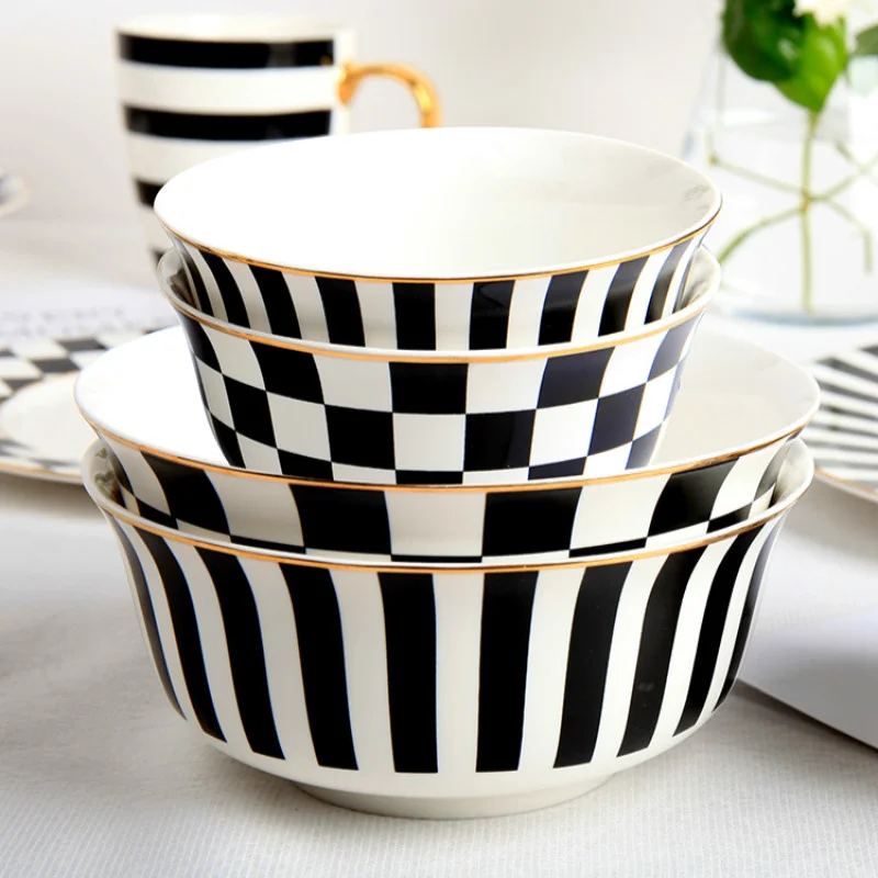 Geometric Black And White Salad Cutter Bowl European Ceramic Simple Creative Couple&amp#39s Breakfast Instant Noodle Lunch Box | Дом и сад