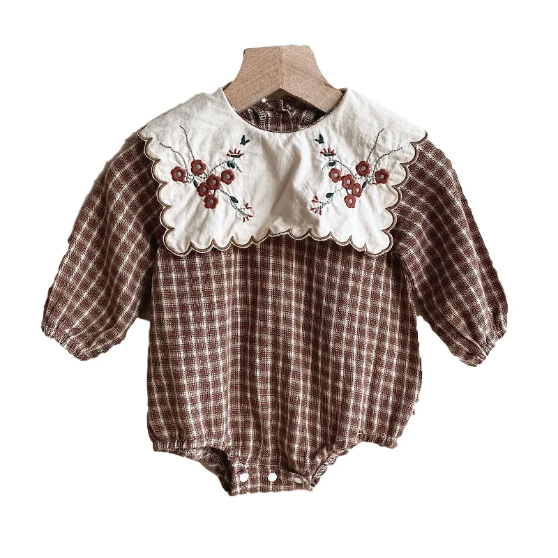 

2020 Autumn baby girl bodysuits New Large Collar Embroidered Flower bodysuit Plaid Outfits cute baby girl clothes