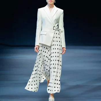 

European Runway Dress Women 2020 Spring Ladies Elegant Long Sleeve White Polka Dot Draped Pleated Long Blazer Dress