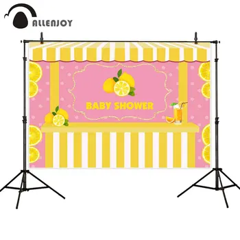 

Allenjoy baby shower backgrounds lemon station birthday party newborn juice yellow stripe child backdrops photophone photobooth
