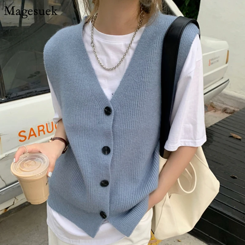 Women Autumn Winter 2021 Sleeveless Waistcoat Knitted Cardigan Sweater Vest Solid Knit Cardigans Loose Cashmere Tops 16658 |