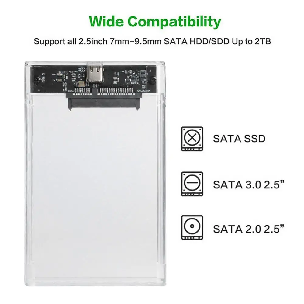 USB 3.1 type-c boîtier de disque dur Mobile 8 to Transparent 2.5 pouces SATA HDD SSD boîtier externe pour ordinateur portable