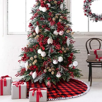 

48 Inch Christmas Tree Skirt Red and Black Buffalo Plaid Tree Skirt with Pom Pom Trim for Holiday Christmas Decorations, Double