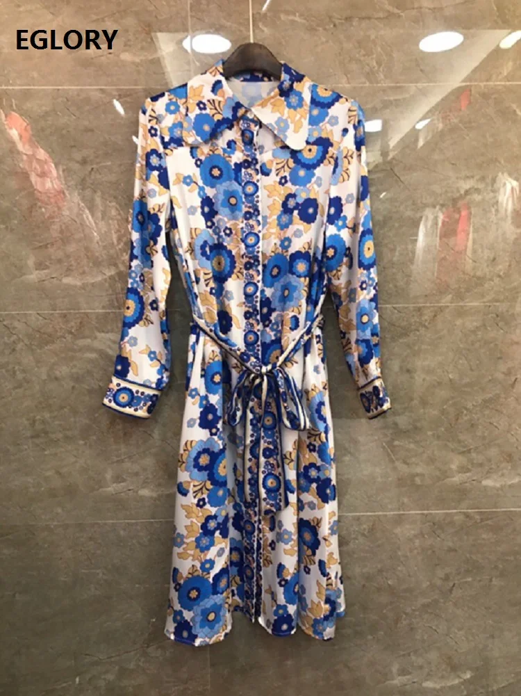 

New 2020 Spring Fashion Long Shirt Dress High Quality Women Turn-down Collar Floral Print Full Sleeve Casual Silk Dress Sun