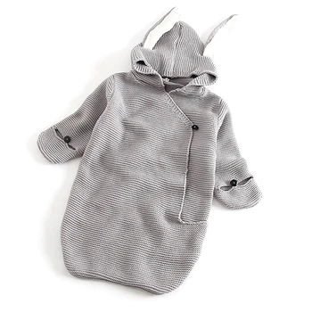 

Newborn Baby Hooded Blanket Cartoon Rabbit Ear Swaddling Infant Sleeping Bag Soft Solid Wrap Knitted Photography Prop
