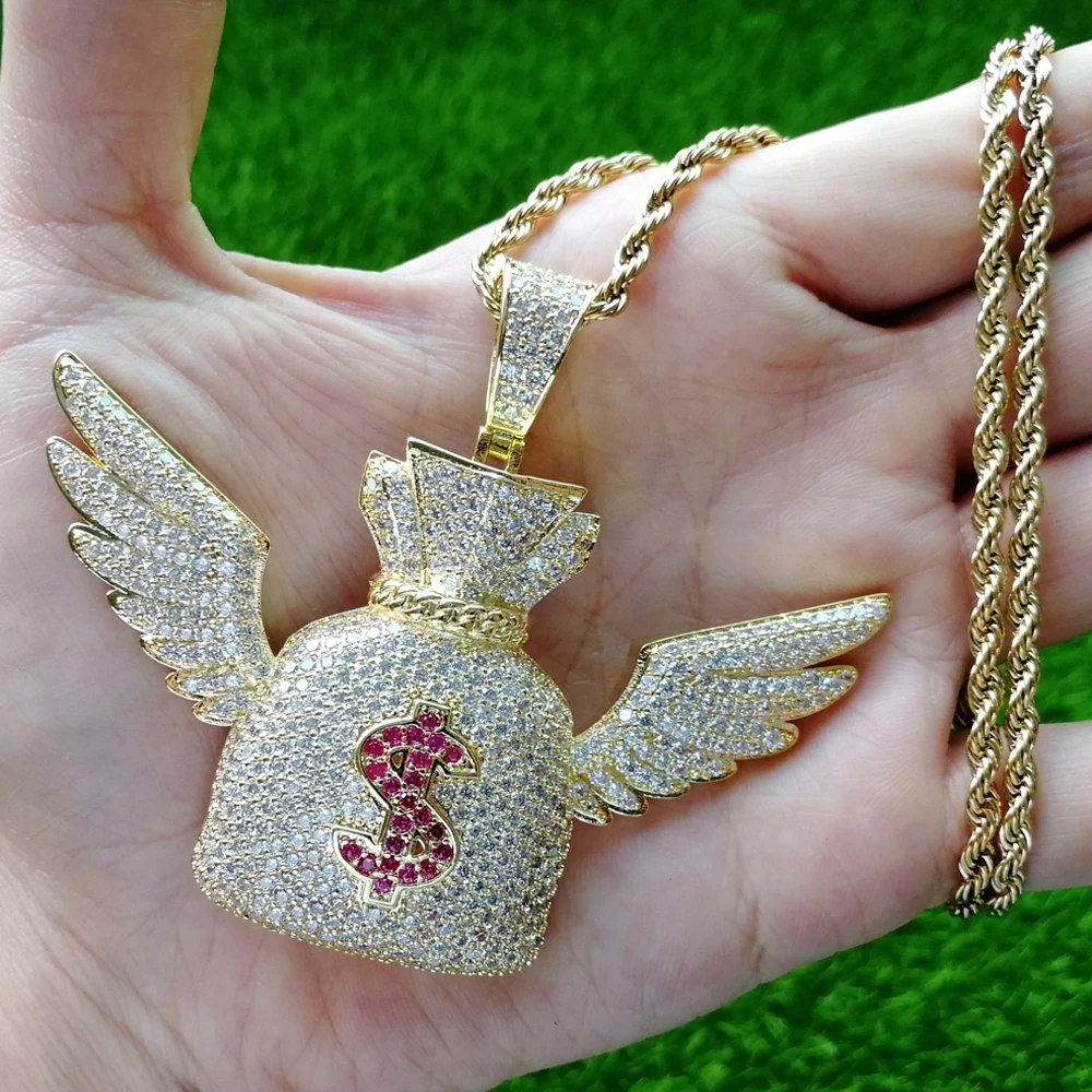 ICED OUT AAA CZ Летающий мешок для денег с крылом кукольный$ кулоны ожерелья для мужчин и женщин CN501