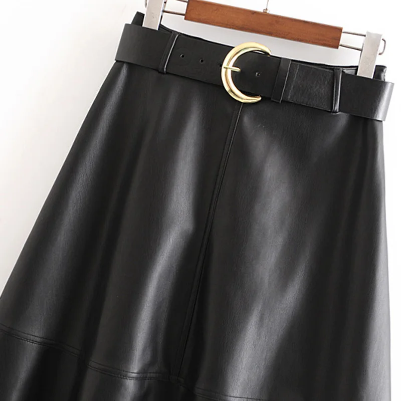 Женские юбки с завязками на талии, модная свободная черная юбка из искусственной кожи, элегантные женские юбки до середины икры JZ