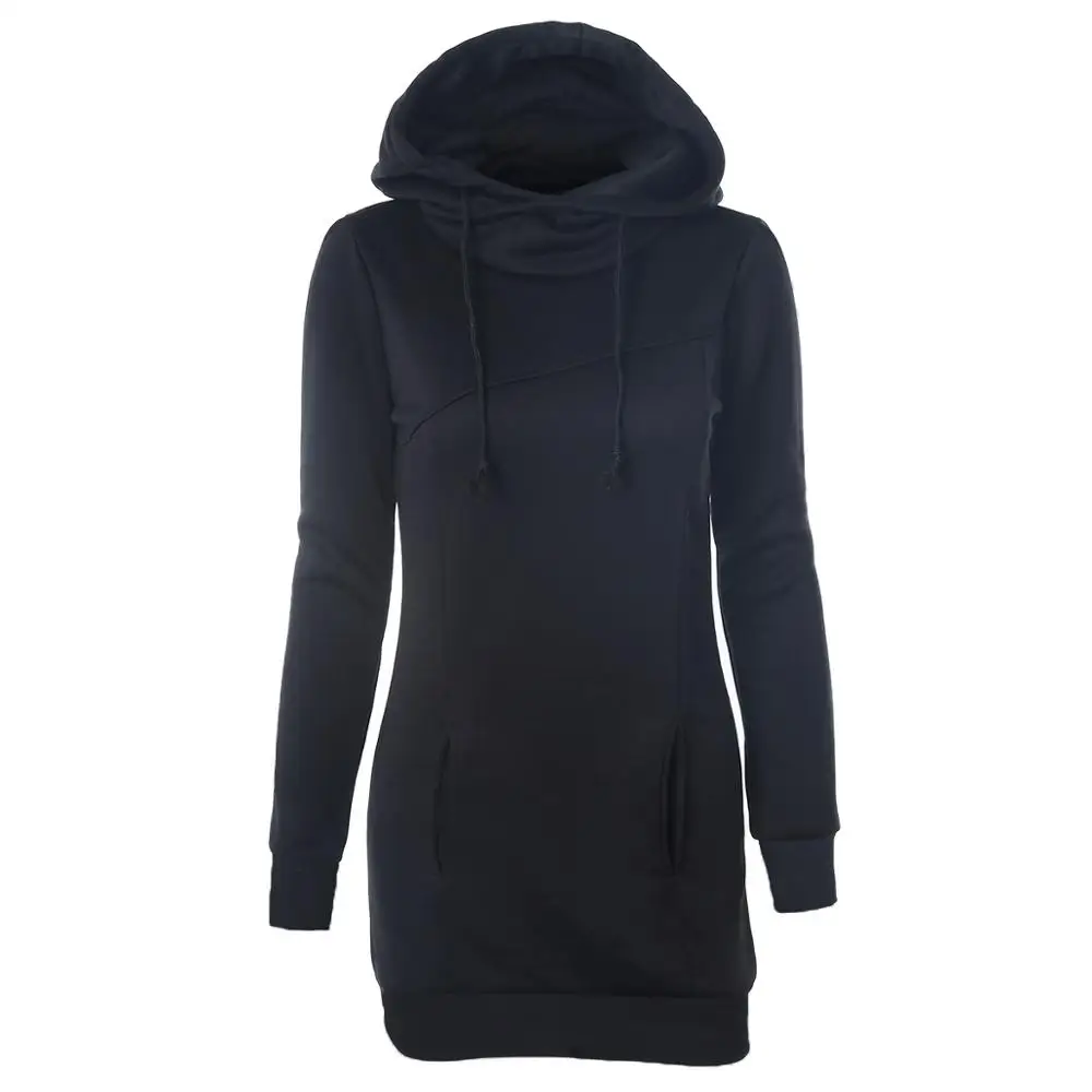 Women Hoodies Casual Korean Style Black Plus Size Straight Hooded Solid Spring High Street OL Female Fashion Winter Sweatshirts - Цвет: Черный